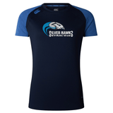 A Syracuse Silver Hawks Women's Elite Training Tee by Canterbury with short blue sleeves, crafted from lightweight recycled polyester, displaying a "Silver Hawks Syracuse" logo featuring a hawk image.