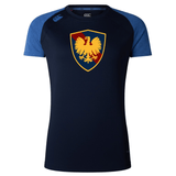 Cincinnati Classical Academy Women's Elite Training Tee by WRS Canterbury with navy blue rugby jersey with royal blue sleeves and a large gold and red crest on the chest, designed by Canterbury. This women's training tee features breathable, lightweight fabric for optimal comfort.