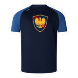 A Cincinnati Classical Academy Elite Training Tee by WRS Canterbury featuring a crest with a golden eagle on a shield.