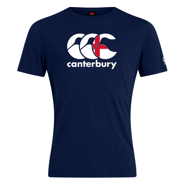 The Canterbury England CCC Flag Club T-Shirt by WRS Canterbury in navy blue showcases the iconic CCC logo with three large white letters, red accents, and "Canterbury" underneath. Made from a soft cotton blend, it offers a classic style.