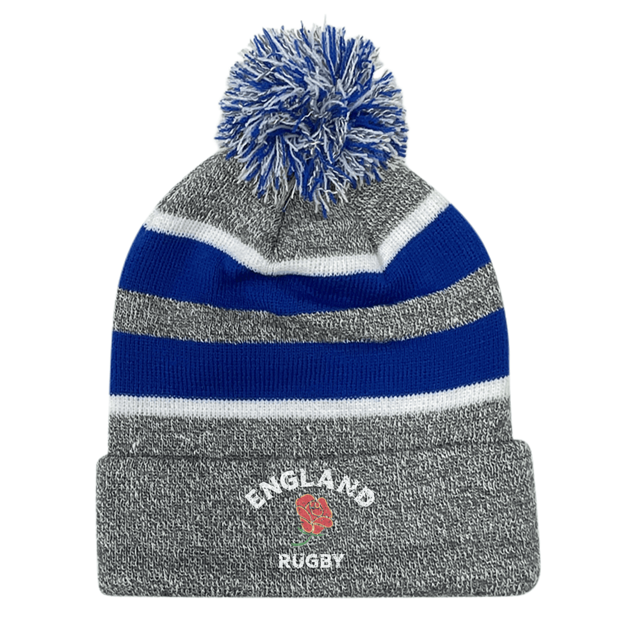 An EMB Augusta Nations of Rugby England Hooped Pom-Pom Beanie with a grey and blue design and the word "england rugby" on it.