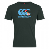 A dark green Canterbury Fiji CCC Flag Club T-Shirt from WRS Canterbury, made of a soft cotton blend, featuring the Canterbury Kiwi Logo with three stylized C's, the word "canterbury," and a small flag and emblem.