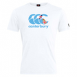 White Canterbury Fiji CCC Flag Club T-Shirt by WRS Canterbury, showcasing a blue logo that combines the Union Jack flag with a crest in an iconic Kiwi style.