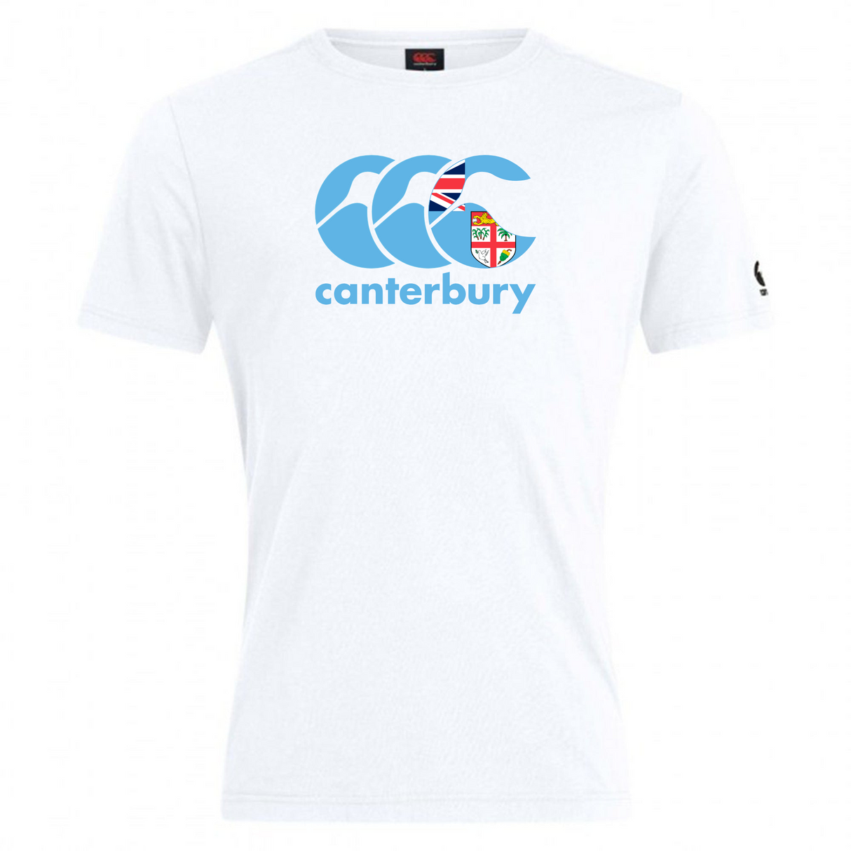 White Canterbury Fiji CCC Flag Club T-Shirt by WRS Canterbury, showcasing a blue logo that combines the Union Jack flag with a crest in an iconic Kiwi style.