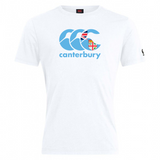 White Canterbury Fiji CCC Flag Club T-Shirt by WRS Canterbury, showcasing a blue logo that combines the Union Jack flag with a crest in an iconic Kiwi style.