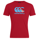 The Canterbury Fiji CCC Flag Club T-Shirt by WRS Canterbury is a red tee crafted from a comfy cotton blend, featuring a bold blue and white "CCC" logo with the Canterbury Kiwi Logo below, incorporating a flag and shield emblem embodying the spirit of the CCC Flag Club.