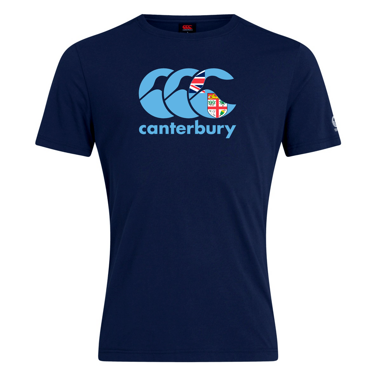 The Canterbury Fiji CCC Flag Club T-Shirt from WRS Canterbury is navy blue and made from a comfy cotton blend. It showcases the "Canterbury" branding, the Canterbury Kiwi Logo in light blue, and a stylized "CCC" logo with a unique flag pattern.