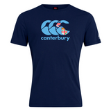 The Canterbury Fiji CCC Flag Club T-Shirt from WRS Canterbury is navy blue and made from a comfy cotton blend. It showcases the "Canterbury" branding, the Canterbury Kiwi Logo in light blue, and a stylized "CCC" logo with a unique flag pattern.