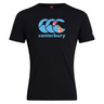 The Canterbury Fiji CCC Flag Club T-Shirt by WRS Canterbury features a black cotton blend with a "Canterbury" design, light blue CCC logo, and an integrated Union Jack flag and shield in the Kiwi Logo.