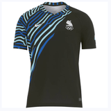 A black Nike athletic shirt with blue and teal stripe patterns on one shoulder, featuring a white swoosh logo and Olympic rings on the chest. This Fiji Olympics 7's Replica Away Jersey by Nike is inspired by the Fiji Olympics 7's team.