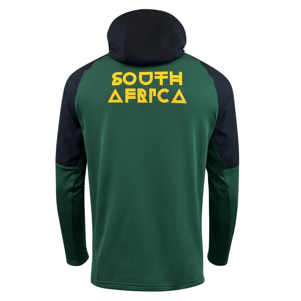 Back view of the Springboks Full Zip Training Hoodie 23/24 by Nike in green and black, featuring moisture-wicking fabric and the text "SOUTH AFRICA" in yellow block letters. Perfect team branding for any fan.