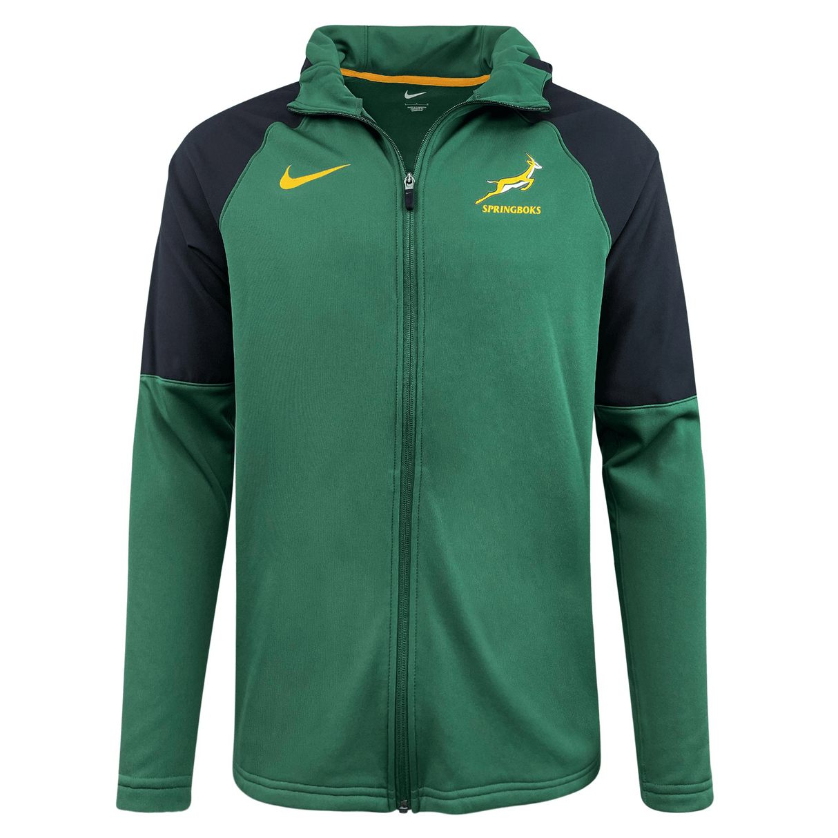 Green and black Springboks Full Zip Training Hoodie 23/24 by Nike with a zipper, featuring team branding with a yellow Nike swoosh on the front.