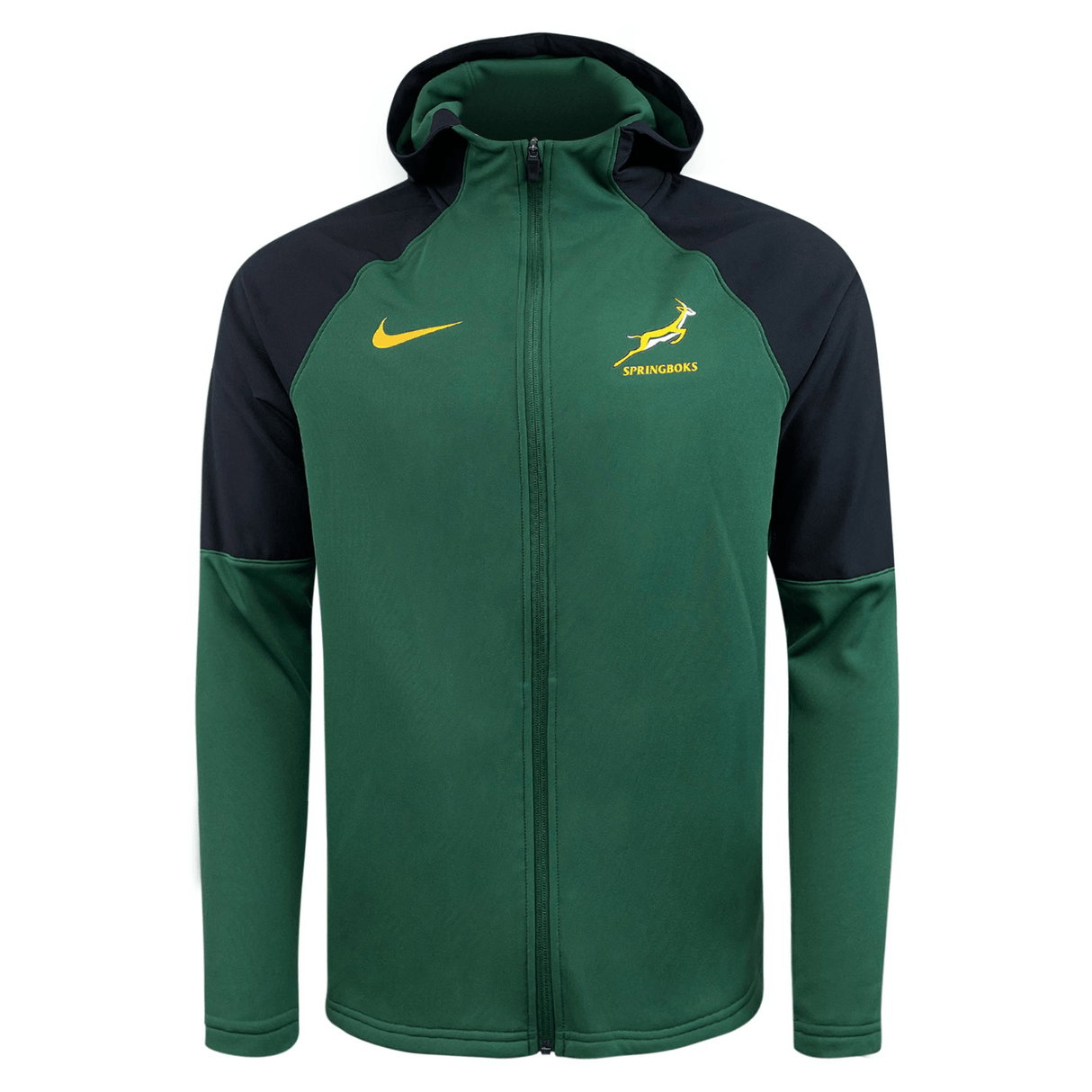 The Springboks Full Zip Training Hoodie 23/24 by Nike features a green and black design with a yellow Nike logo on the right chest and a Springboks logo on the left chest. This moisture-wicking hoodie combines team branding with performance, ensuring you stay comfortable while showing your support.