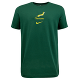 Presenting the Springboks Unity Tee by Nike: a green t-shirt featuring a bold yellow Springbok logo and "Springboks" text across the chest, honoring South Africa rugby. Complete with the classic Nike logo underneath, it’s ideal for displaying your team spirit.