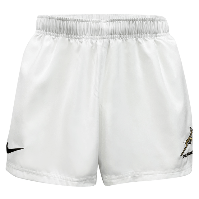 The Springboks Replica Home Rugby Short 23/24 by Nike for women are white with a black logo.