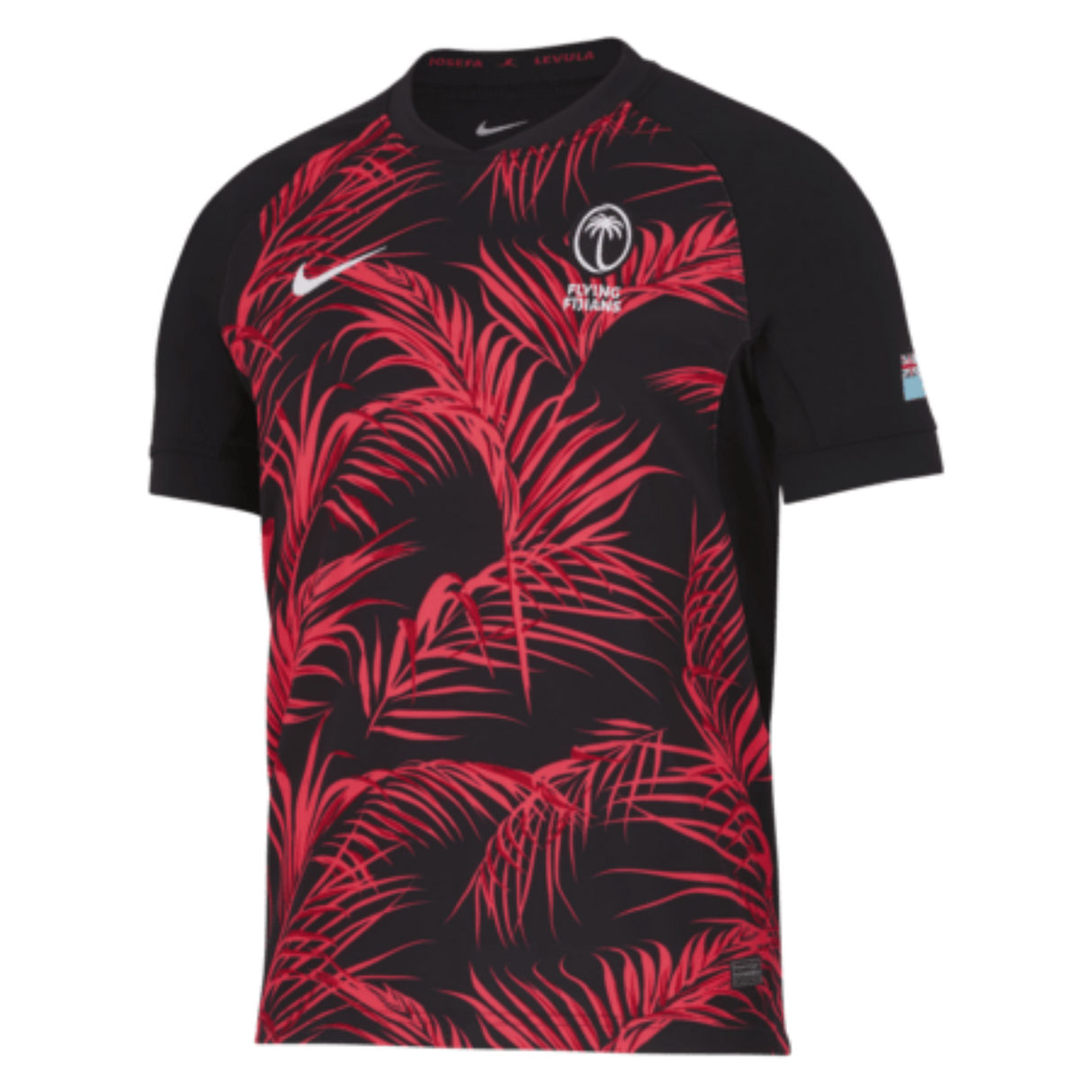 The Fiji 24/25 Replica Away Jersey by Nike is a striking black sports piece decorated with red palm leaf designs. It features the white "Fiji Airways" logos on the chest, making it an ideal rugby replica jersey for fans who value both style and functionality.