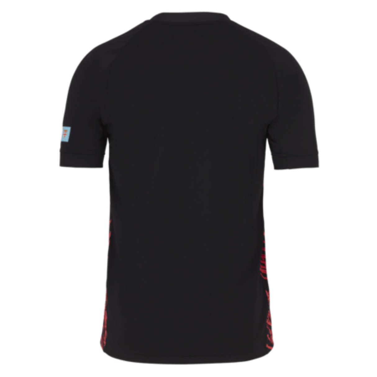 Back view of the Fiji 24/25 Replica Away Jersey by Nike, a black short-sleeve T-shirt featuring small red text details and a light blue patch on the left sleeve, inspired by a rugby jersey.