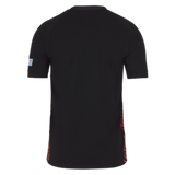 Back view of the Fiji 24/25 Replica Away Jersey by Nike, a black short-sleeve T-shirt featuring small red text details and a light blue patch on the left sleeve, inspired by a rugby jersey.