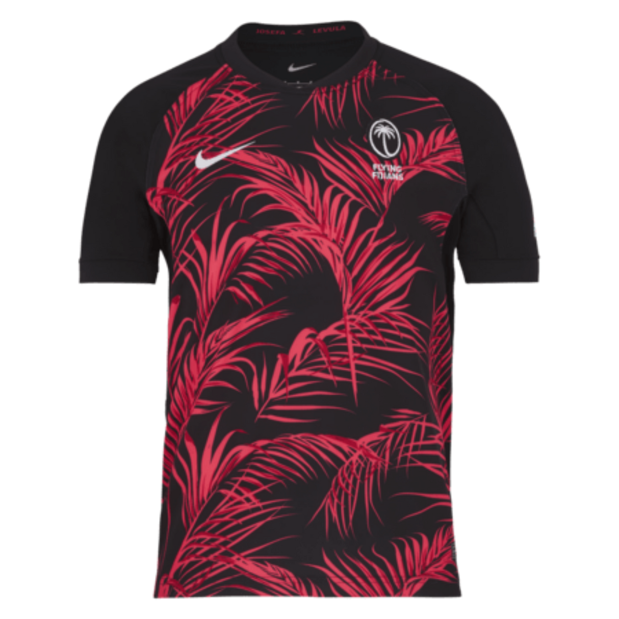 The eye-catching Fiji 24/25 Replica Away Jersey by Nike sports a vibrant black and red design accented with a palm leaf pattern, prominently displaying a logo featuring two crossed palms. Additional logos adorn the sleeves, enhancing this rugby replica jersey's dynamic and authentic appeal.