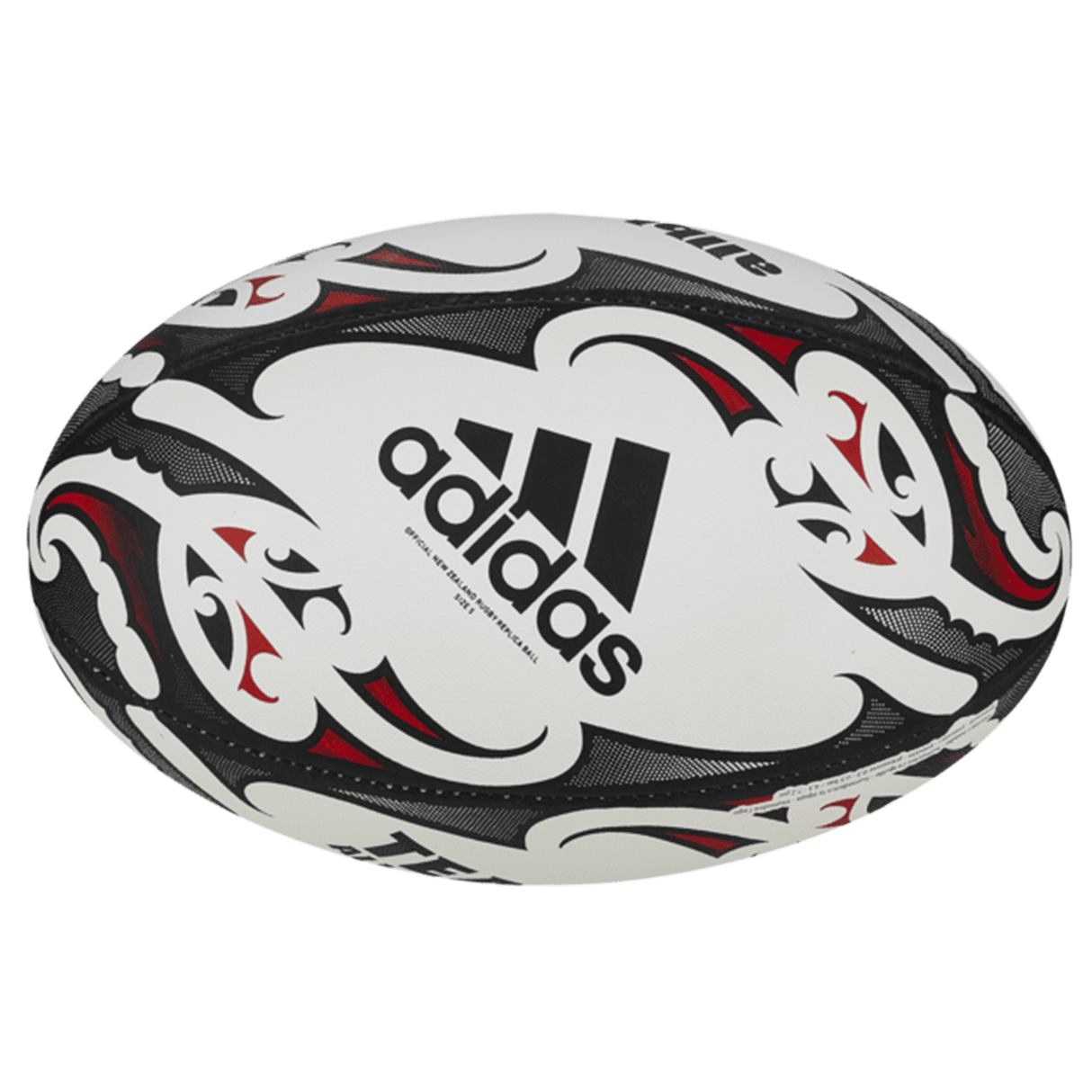 The All Blacks Replica Ball by adidas features a tribal-inspired black, red, and white pattern with the Adidas logo prominently displayed at the center. Its design is inspired by Maori patterns, capturing the bold essence of an adidas replica rugby ball.