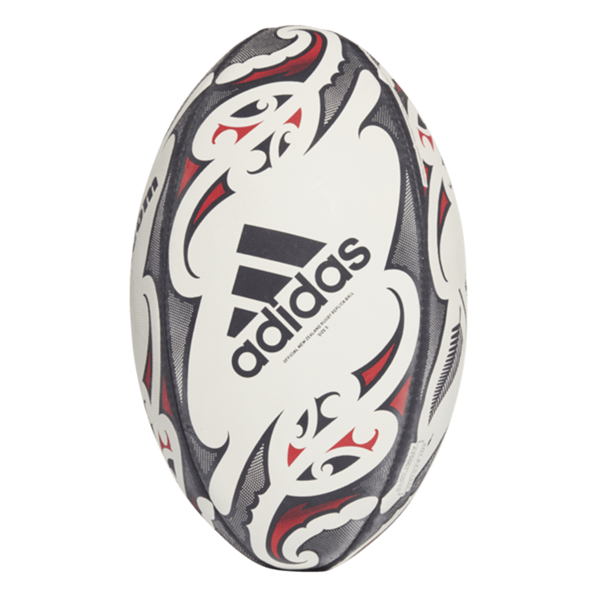 The All Blacks Replica Ball by adidas features black, red, and white Maori patterns on a plain background, creating a striking tribute to the legendary rugby team.