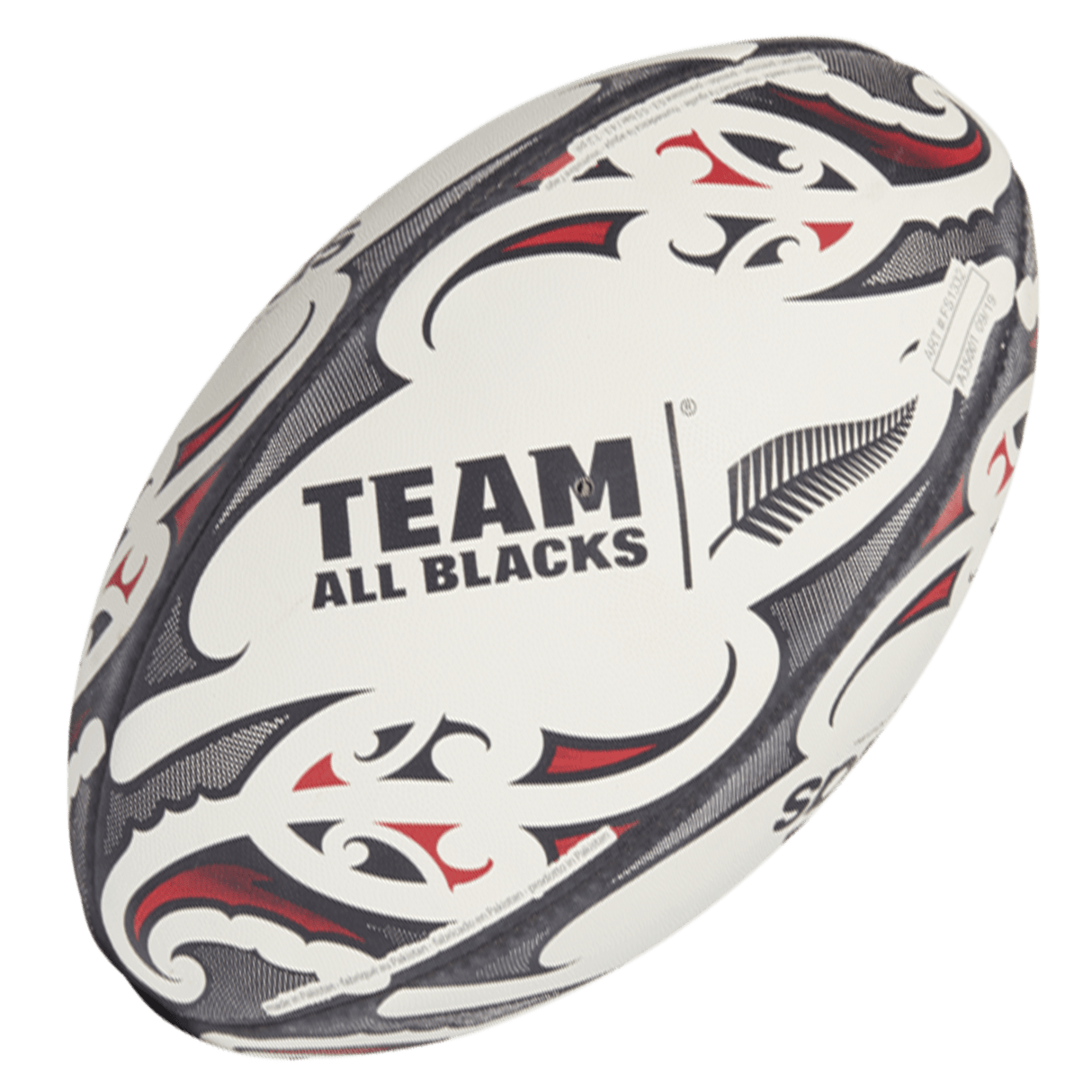 A white "All Blacks Replica Ball by adidas" adorned with black and red Maori patterns and a striking fern logo, crafted by adidas.