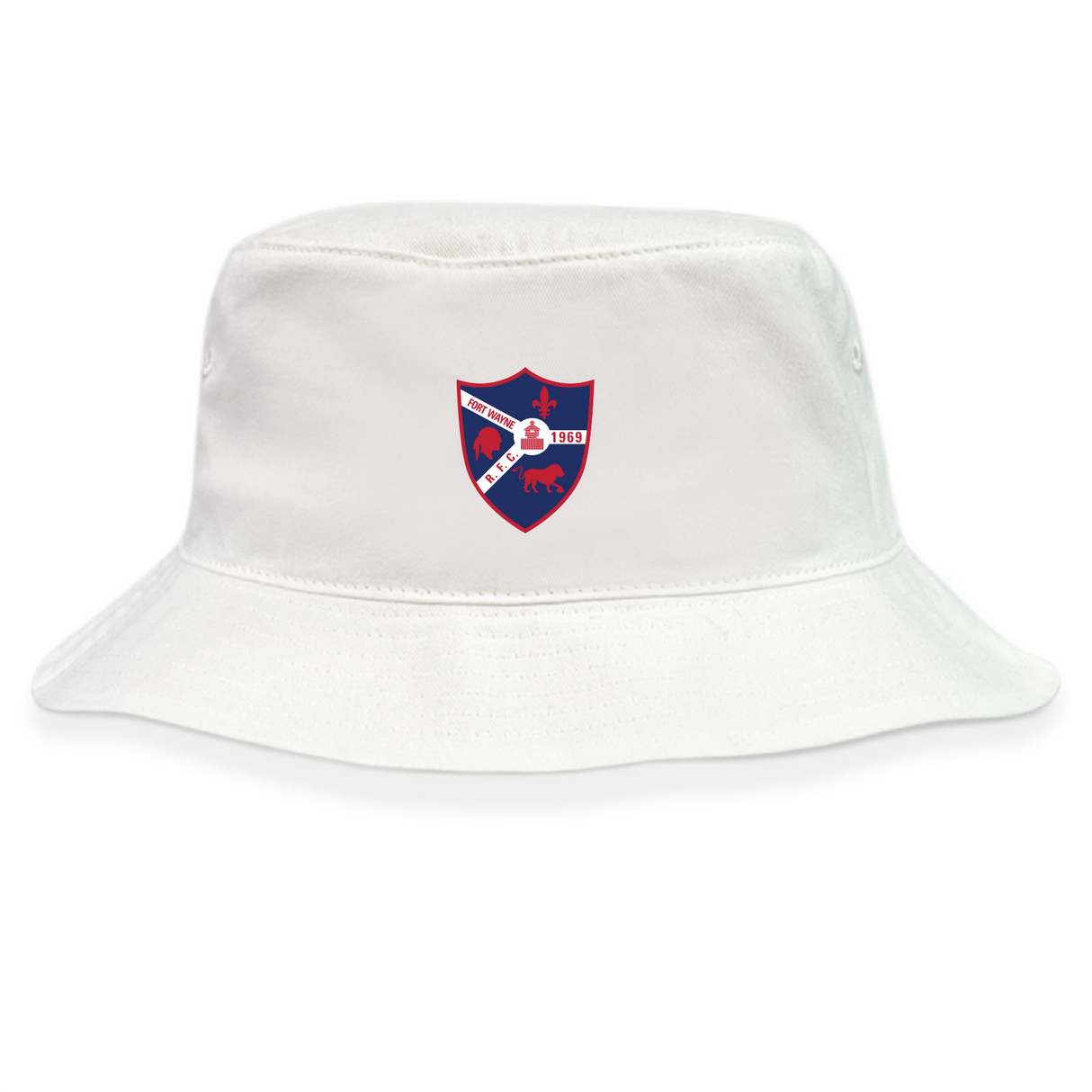 The Fort Wayne Rugby Crusher Bucket Cap by EMB Alpha Broder, made from cotton twill, showcases a red and blue shield emblem with a white hand, compass, and crossed lines, providing style and sun protection.