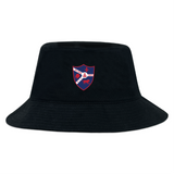 The Fort Wayne Rugby Crusher Bucket Cap by EMB Alpha Broder is a black cotton twill hat with a red and blue embroidered crest of a bear, star, and text. It's perfect for sun protection while adding style to your outfit.