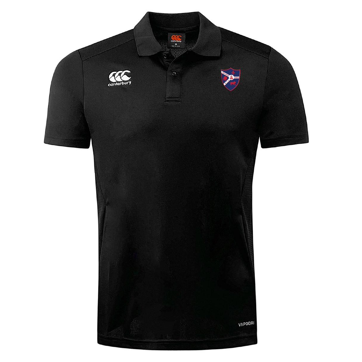 The Fort Wayne Rugby Club Dry Polo by EMB Canterbury, with Vapodri Technology, sports a black collar and features the Canterbury logo on the right chest and a red-blue emblem on the left. This breathable polo combines sporty style and comfort, ideal for active wear.