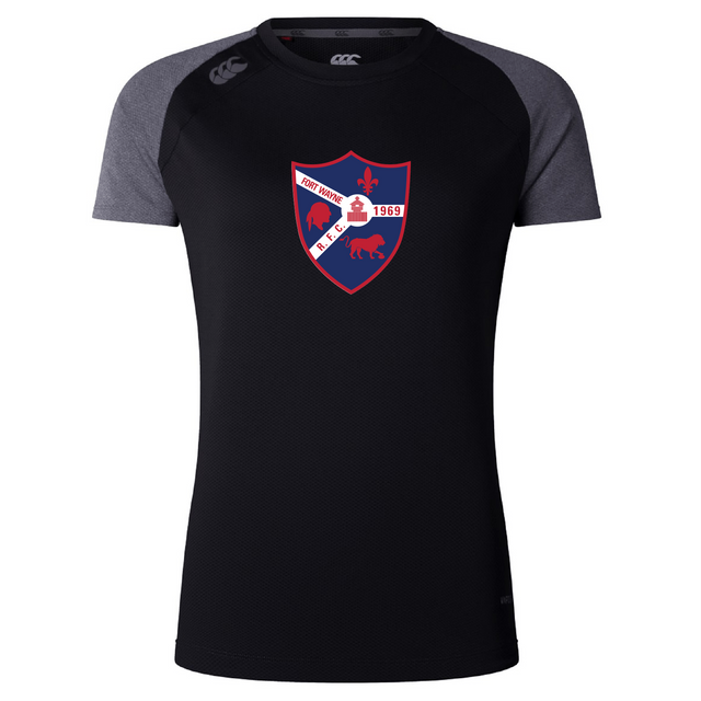 The Fort Wayne Rugby Women's Elite Training Tee by WRS Canterbury is a black and gray short-sleeve sports shirt made with Vapodri fabric. It showcases a red and blue crest with animal symbols and "1969," blending style and performance seamlessly.