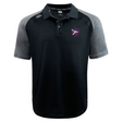 The Fort Wayne Rugby Elite Polo by EMB Canterbury is a black polo with dark grey sleeves and collar, made from Vapodri fabric for a lightweight and durable feel. It has a shield emblem with a red and blue design on the chest.