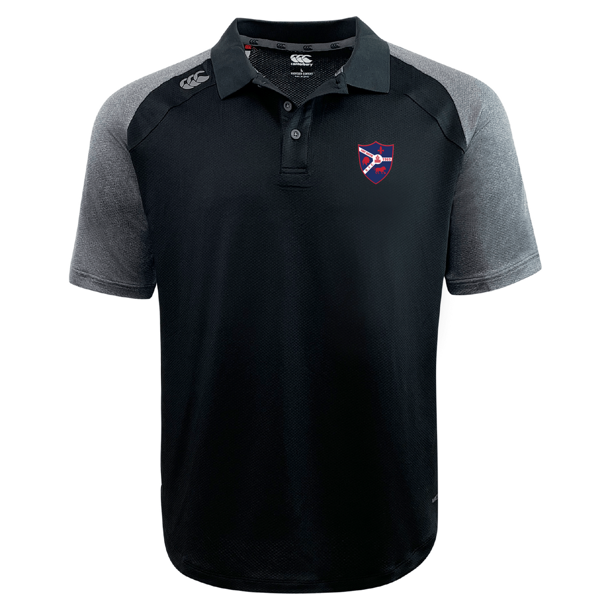 The Fort Wayne Rugby Elite Polo by EMB Canterbury is a black polo with dark grey sleeves and collar, made from Vapodri fabric for a lightweight and durable feel. It has a shield emblem with a red and blue design on the chest.