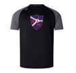 This black and gray tee from WRS Canterbury, inspired by the Fort Wayne Rugby Elite Training Tee, showcases a red and blue shield logo with a white diagonal band, fleur-de-lis emblem, and "Fort Worth R.F.C. 1969" text, crafted with Vapodri fabrics for lightweight comfort.