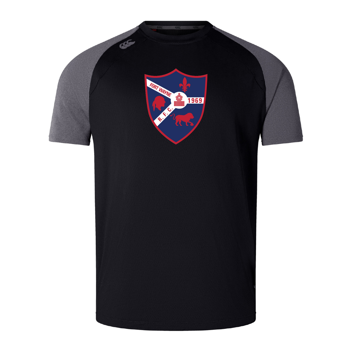 This black and gray tee from WRS Canterbury, inspired by the Fort Wayne Rugby Elite Training Tee, showcases a red and blue shield logo with a white diagonal band, fleur-de-lis emblem, and "Fort Worth R.F.C. 1969" text, crafted with Vapodri fabrics for lightweight comfort.