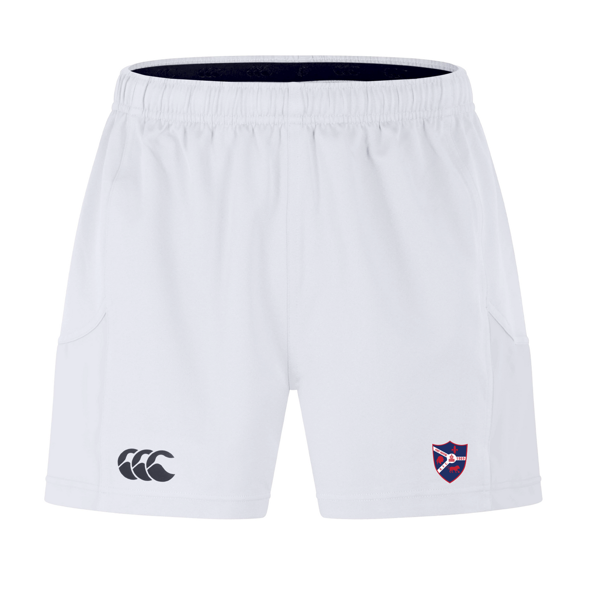 Try the Fort Wayne Rugby Advantage Short 2.0 by EMB Canterbury for peak performance. These white athletic shorts with an elastic waistband feature a logo on the left leg and a crest on the right, blending style and sustainability to enhance your activewear collection.