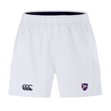 Try the Fort Wayne Rugby Advantage Short 2.0 by EMB Canterbury for peak performance. These white athletic shorts with an elastic waistband feature a logo on the left leg and a crest on the right, blending style and sustainability to enhance your activewear collection.