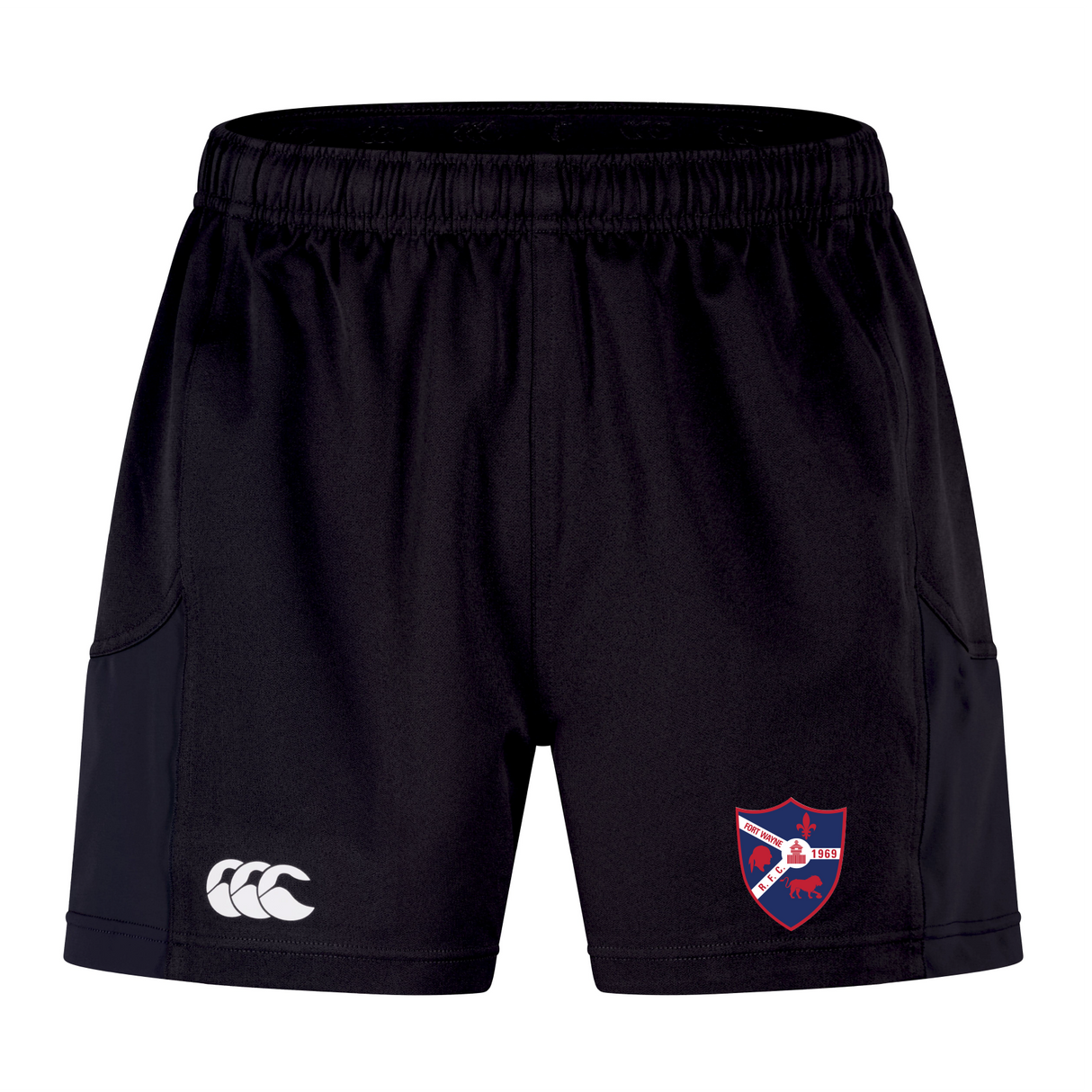 The Fort Wayne Rugby Advantage Short 2.0 by EMB Canterbury features black sports shorts with a white logo on the left leg and a red and blue shield emblem on the right, offering exceptional performance with every wear.