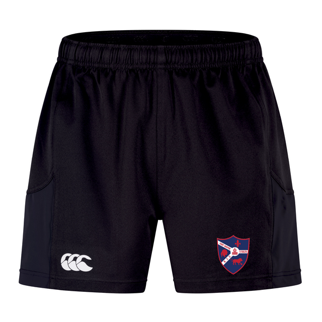 The Fort Wayne Rugby Advantage Short 2.0 by EMB Canterbury features black sports shorts with a white logo on the left leg and a red and blue shield emblem on the right, offering exceptional performance with every wear.