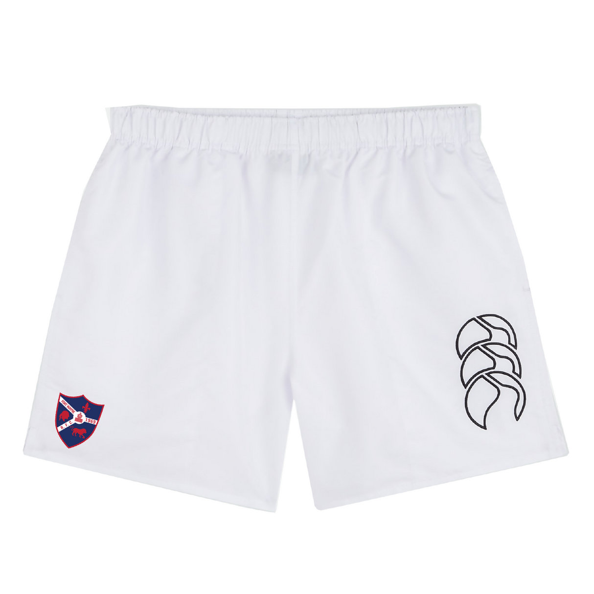 The Fort Wayne Rugby Tactic Shorts by EMB Canterbury feature an elastic waistband for comfort, a red and blue shield logo on the left thigh, and a black emblem on the right.