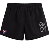 The Fort Wayne Rugby Tactic Short by EMB Canterbury features an elastic waistband, with a white abstract logo on the right leg and a red and blue emblem on the left, making it perfect for rugby enthusiasts.