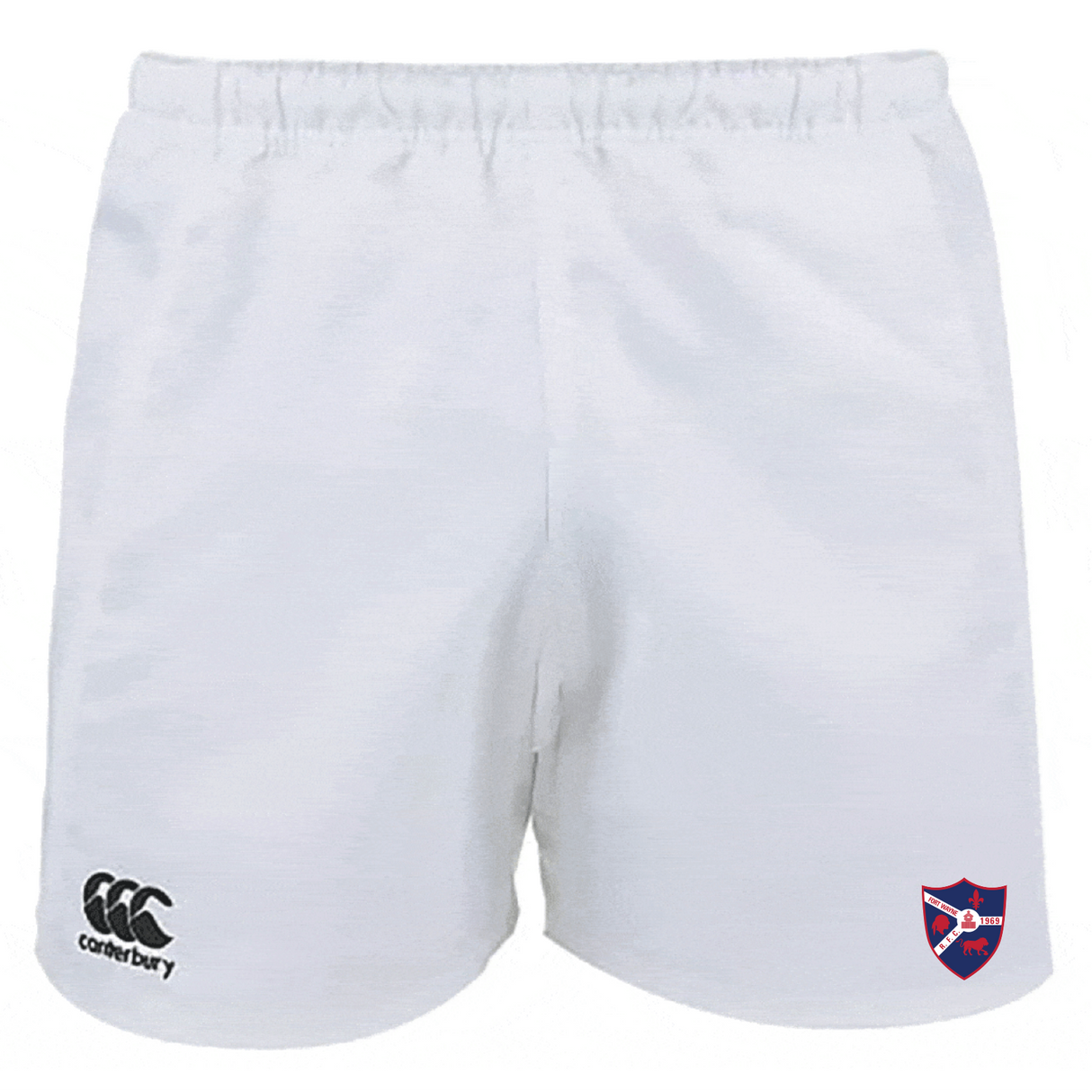 The Fort Wayne Rugby Professional Polyester Shorts by EMB Canterbury feature a Canterbury logo on the left and a crest logo on the right.