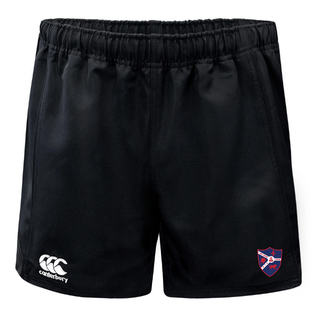 The Fort Wayne Rugby Professional Polyester Shorts by EMB Canterbury sport a Canterbury logo on the left leg and a shield emblem on the right.