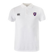 The Fort Wayne Rugby Waimak Polo by EMB Canterbury is a white polo shirt made from a cotton-polyester blend, showcasing the Canterbury logo on the left chest and another logo on the right. It features a classic collar and short sleeves for a timeless look.