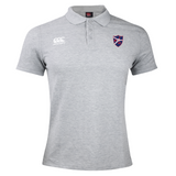 The Fort Wayne Rugby Waimak Polo by EMB Canterbury is a gray rugby polo shirt with a collar, featuring a white Canterbury logo on the left chest and a crest on the right. Made from a comfortable cotton-polyester blend.