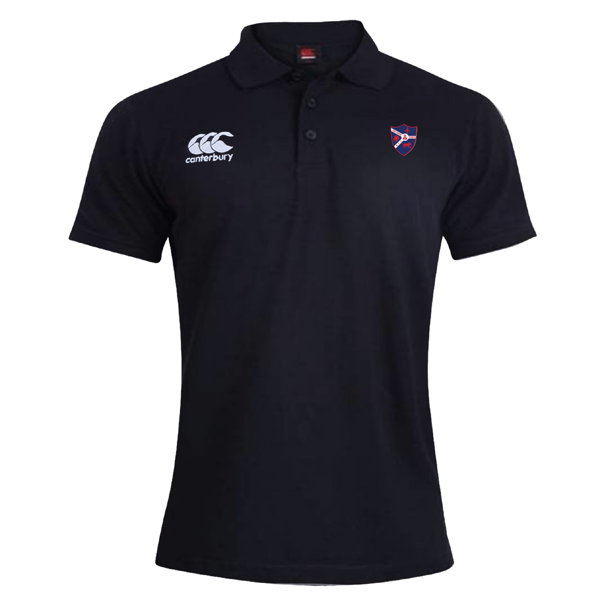 The EMB Canterbury Fort Wayne Rugby Waimak Polo features a black design with a small shield logo on the right chest and a Canterbury logo on the left, made from a cotton-polyester blend for comfort and durability.