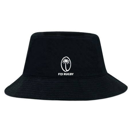 The WRS Alpha Broder Fiji Crusher Bucket Hat, crafted from durable cotton twill, offers outstanding sun protection. It features a black bucket hat design adorned with the white Fiji Rugby logo, which showcases a stylized palm tree and the text "Fiji Rugby" beneath it.