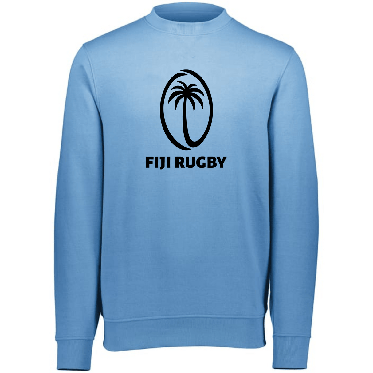 A light blue Fiji Fleece Crewneck Sweatshirt with the word Fiji Rugby on it, made by WRS Augusta.