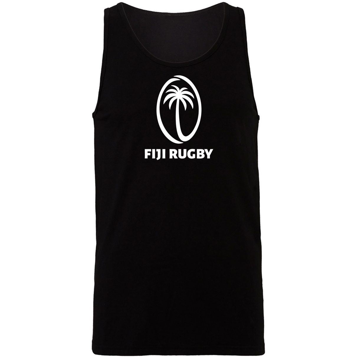 Black **Fiji Rugby Jersey Tank Top** featuring a white logo of a palm tree inside an oval above the text "Fiji Rugby Jersey" from **WRS Alpha Broder**.