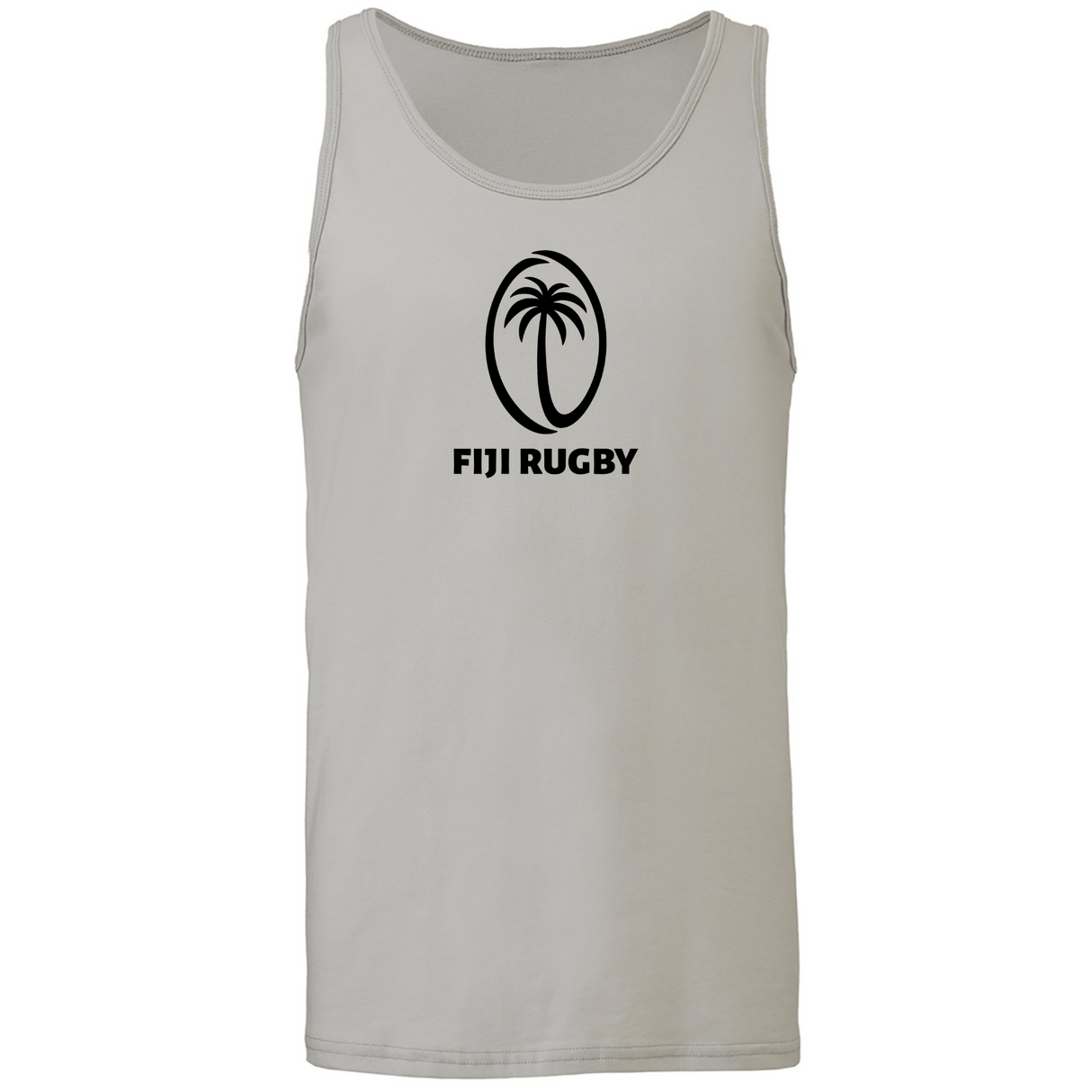 Gray **Fiji Rugby Jersey Tank Top** featuring a black Fiji Rugby logo with a palm tree symbol in the center, designed as an official Fiji Rugby Jersey by **WRS Alpha Broder**.