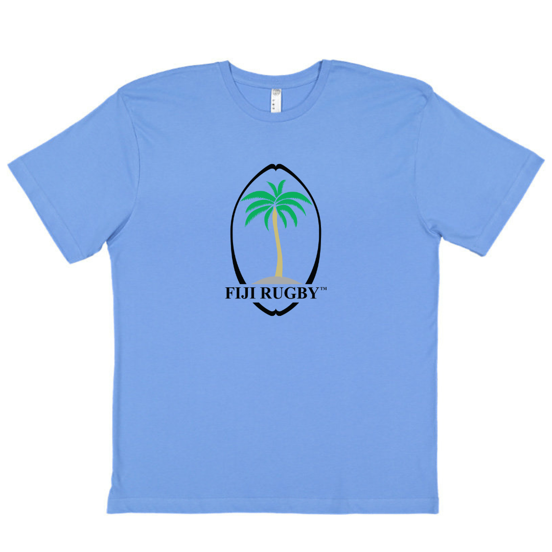 A Fiji Rugby Throwback Supersoft Tee by WRS LAT with a palm tree on it.